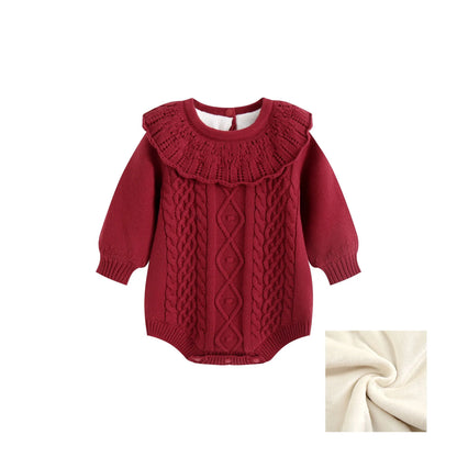 Baby Girl Red Knit Ruffle Collar Romper – Long Sleeve Christmas Sweater Bodysuit (0-24M)
