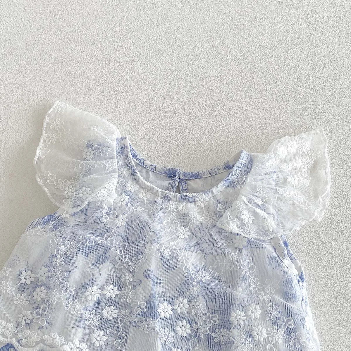 Baby Girl Floral Mesh Romper - Blue Toile Flying Sleeve Summer Jumpsuit (3-18M)