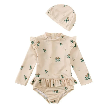 Baby Girl & Toddler Ruffle Long Sleeve Rash Guard Swimsuit with Matching Hat (9M - 7Y)