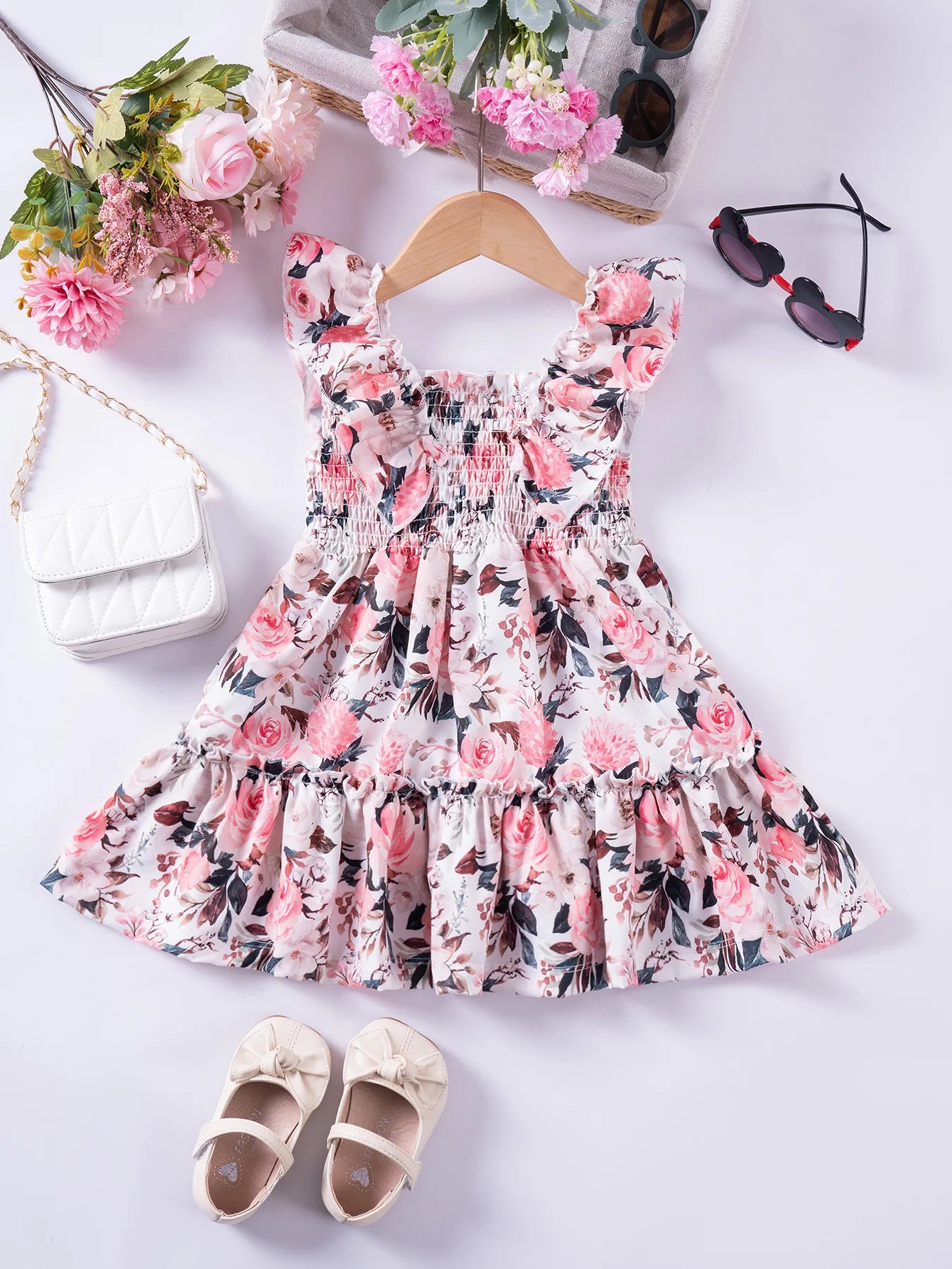 Girls Floral Summer Dress with Ruffled Sleeves & Smocked Waist (2T-6T)