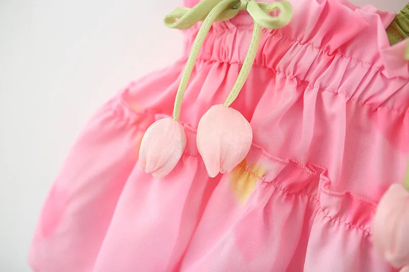 Toddler Girls' 2-Piece Summer Outfit - Pink Heart Tulip Strap Top & Shorts Set (6M-4T)