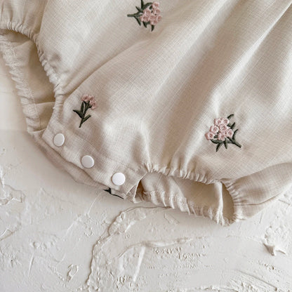 Baby Girl 2-Piece Embroidered Floral Romper Set - White Puff Sleeve Shirt & Camisole Overalls (0-24M)