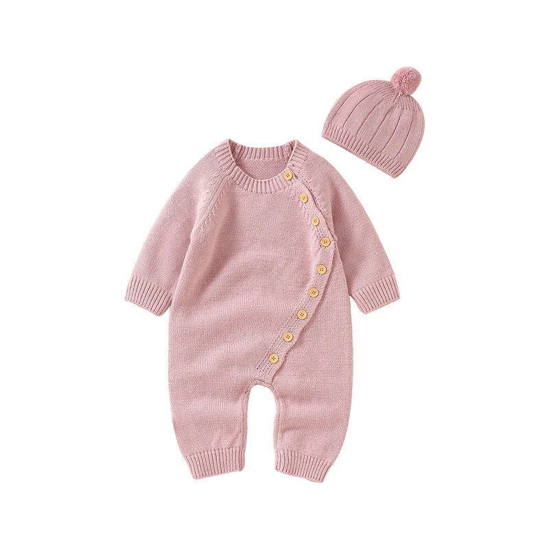 Knitted Baby Romper & Hat Set - Soft Side-Button Jumpsuit (0-18M)