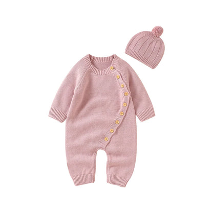 Knitted Baby Romper & Hat Set - Soft Side-Button Jumpsuit (0-18M)