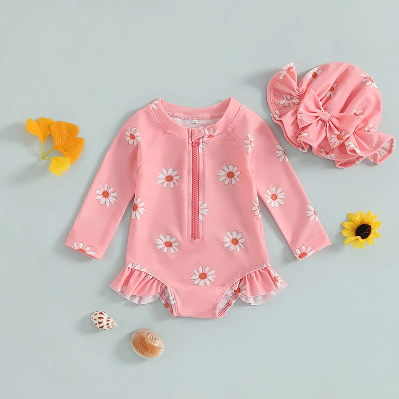 Baby Girl Daisy Floral Long Sleeve Rash Guard Swimsuit with Sun Hat – Toddler One-Piece Bathing Suit (6M-3T)