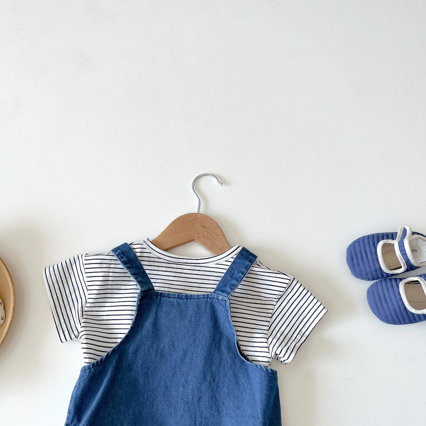 Unisex Baby Striped T-Shirt and Denim Bear Romper Set - 2pc Summer Toddler Outfit (3M-3T)