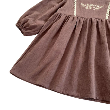 Toddler & Girls Brown Floral Embroidered Cotton Long Sleeve Dress (2T-6T)