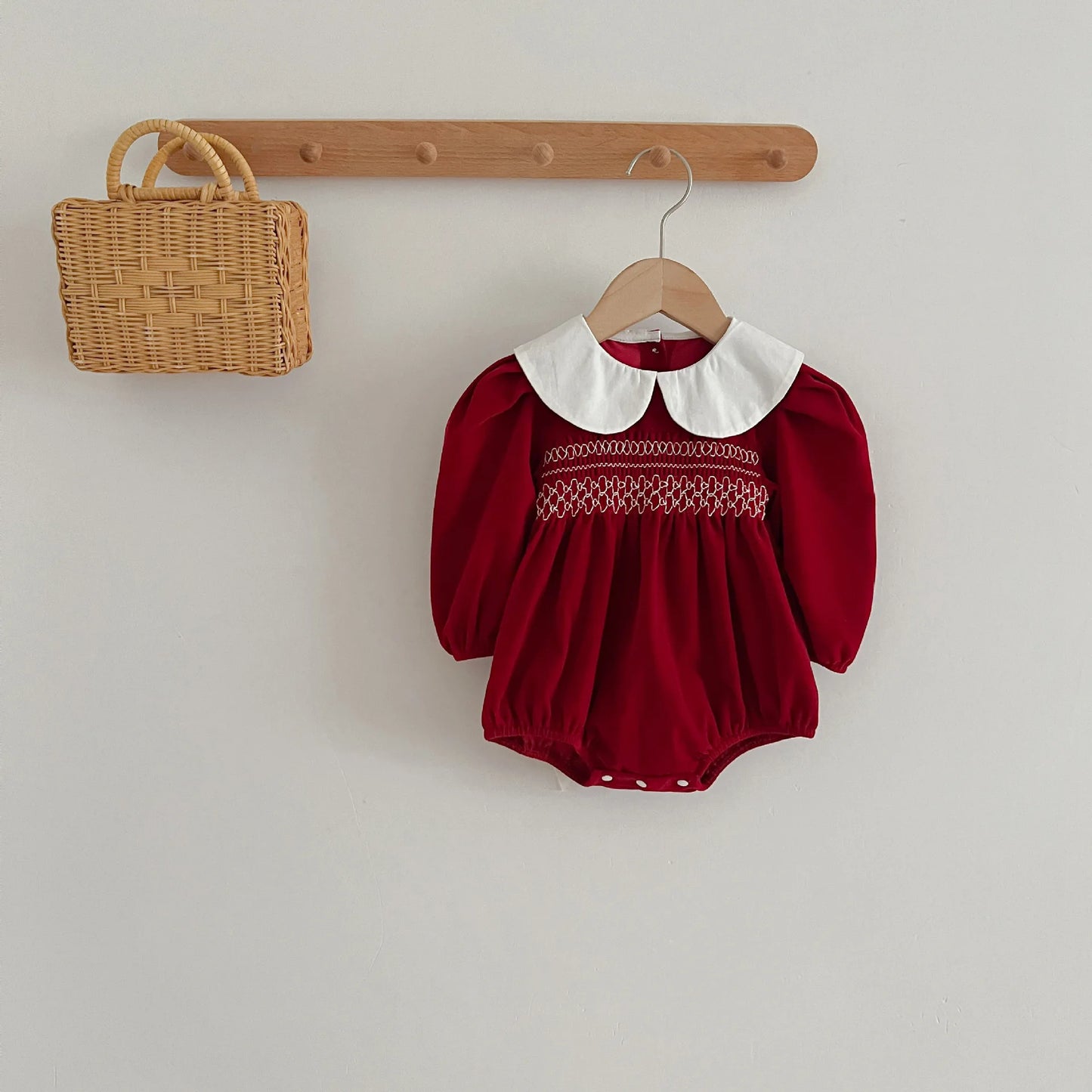 Baby Girl Red Christmas Bubble Romper | Smocked Holiday Outfit with Collar (3-24M)
