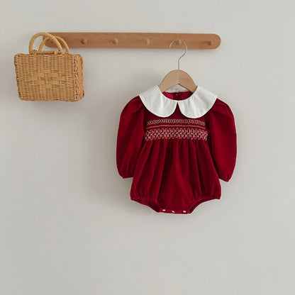 Baby Girl Red Christmas Bubble Romper | Smocked Holiday Outfit with Collar (3-24M)