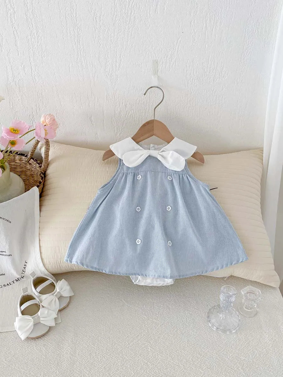 Baby Girl Summer Sailor Dress Romper - Sky Blue Striped Sleeveless Jumpsuit with Bow & Nautical Collar (0-18M)