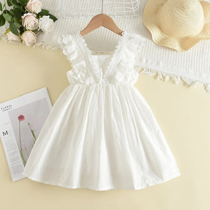 Girls White Lace Ruffle Summer Dress - Soft Cotton Occasion Wear (2T-7)