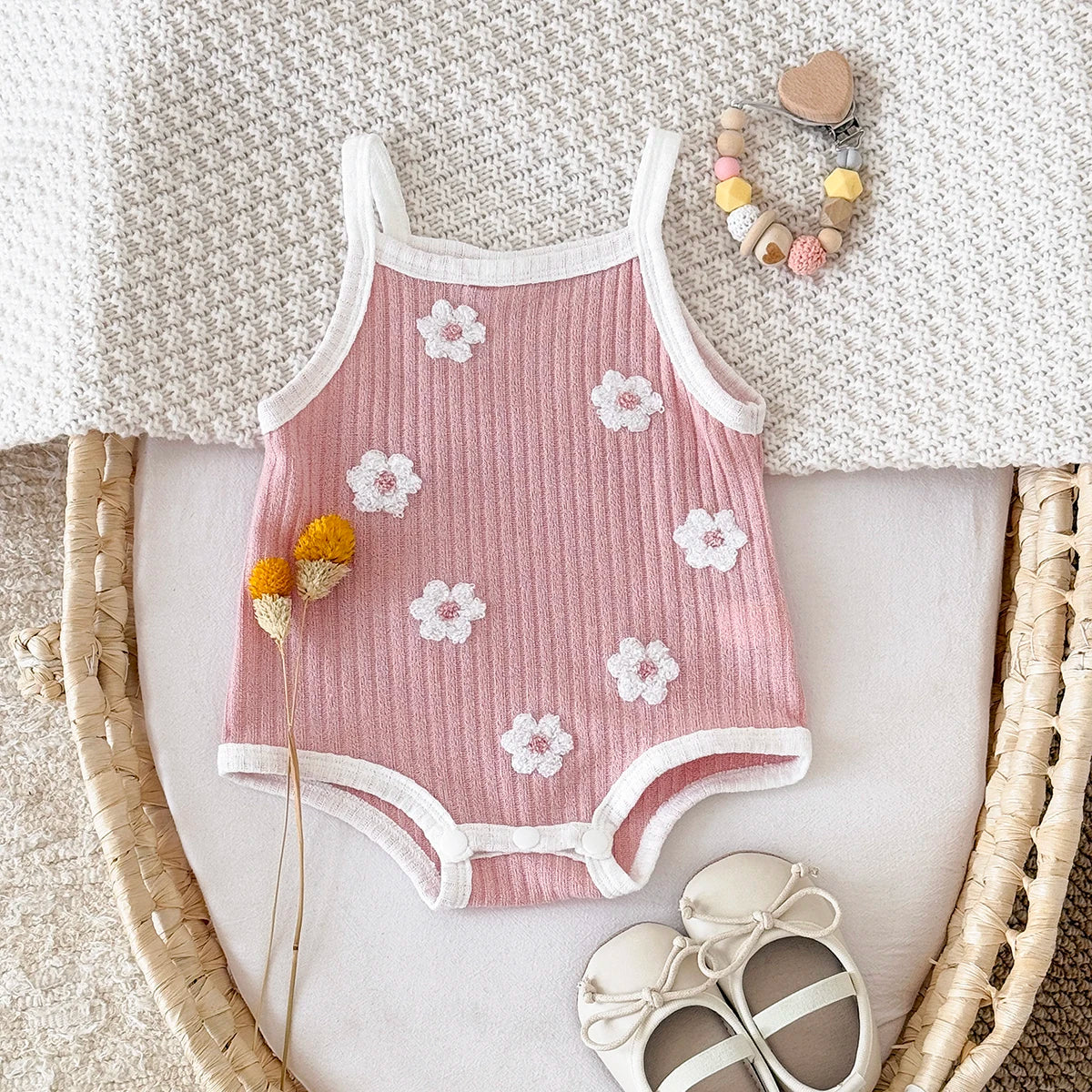 Baby Girl Flower Towel Embroidery Romper - Summer Ribbed Viscose Bodysuit Jumpsuit (1-18M)