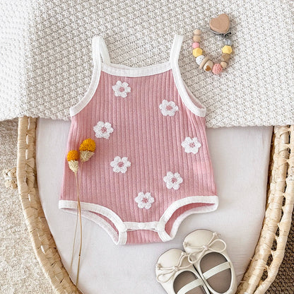 Baby Girl Flower Towel Embroidery Romper - Summer Ribbed Viscose Bodysuit Jumpsuit (1-18M)