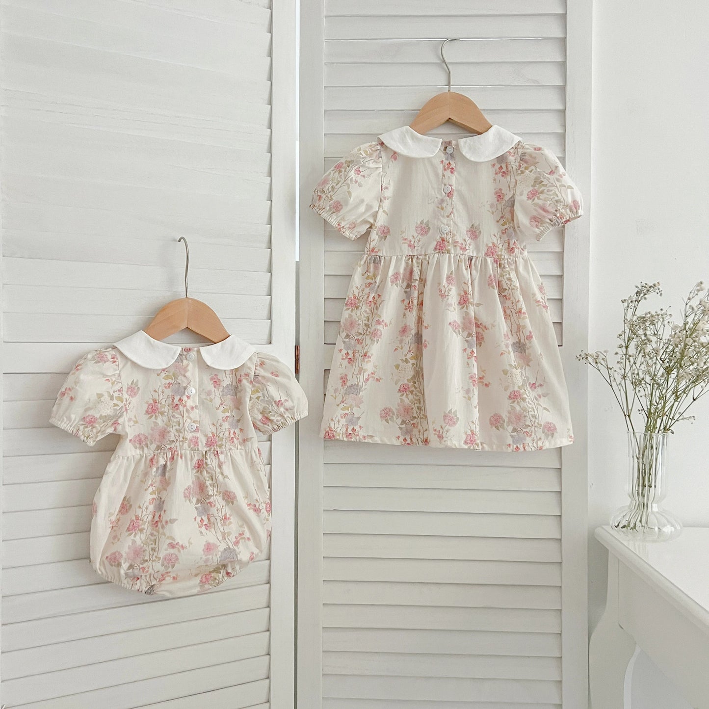 Pink Floral Smocked Sister Matching Outfits - Puff Sleeve Cotton Romper & Princess Dress (3M-6T)