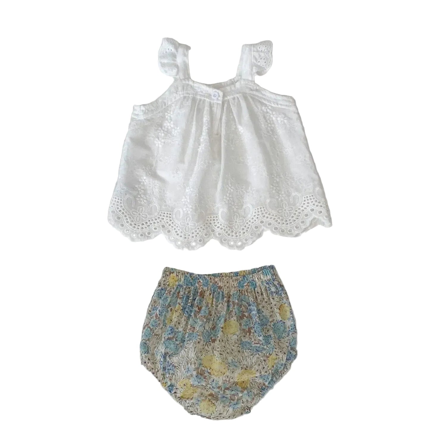 Baby Girls Floral Summer Clothing Set - 2PC Embroidered Eyelet Camisole & Ruffle Bloomer Shorts Outfit (6M-3T)