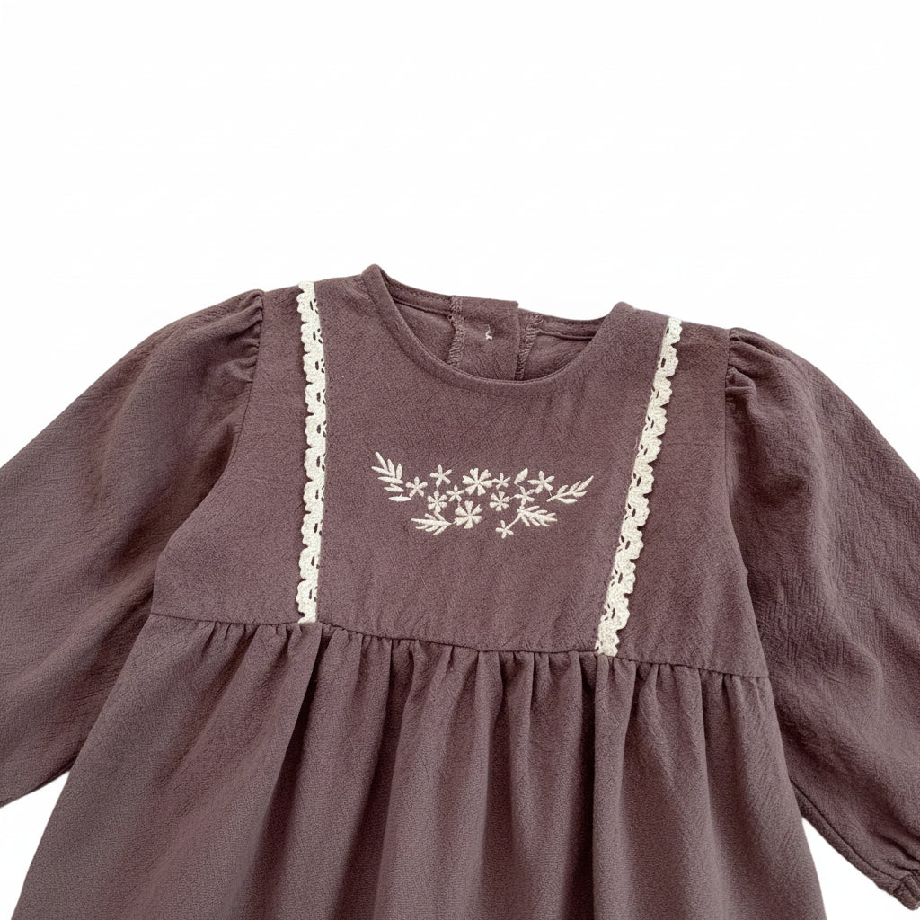 Toddler & Girls Brown Floral Embroidered Cotton Long Sleeve Dress (2T-6T)