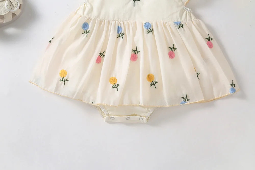 Baby Girl Floral Embroidered Cotton Romper Dress with Matching Headband | Flutter Sleeve Summer Toddler Outfit (3-24M)