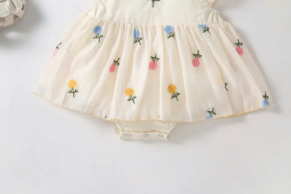 Baby Girl Floral Embroidered Cotton Romper Dress with Matching Headband | Flutter Sleeve Summer Toddler Outfit (3-24M)