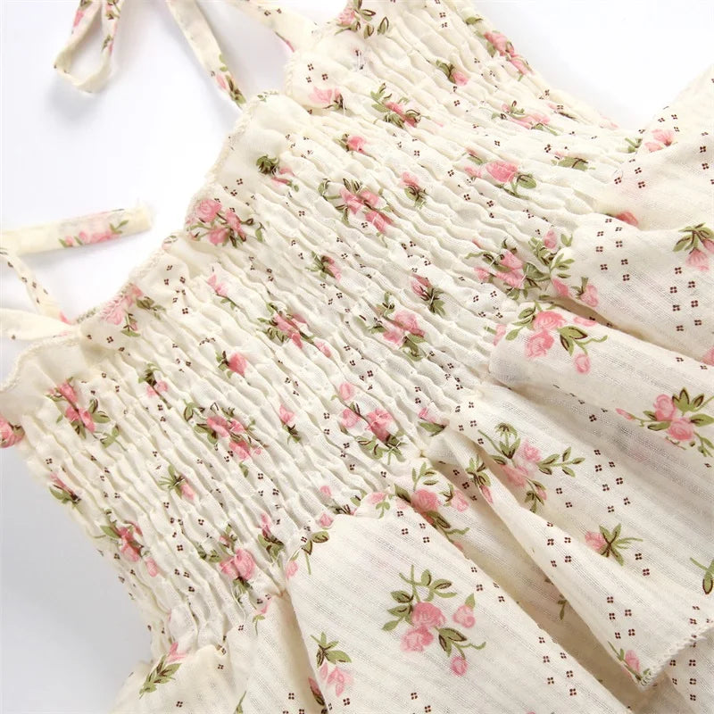 Baby Girl Summer Floral Romper Set – Sleeveless Ruffled Jumpsuit with Matching Bow Headband, Beige Cotton Blend (0-24M)