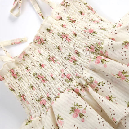 Baby Girl Summer Floral Romper Set – Sleeveless Ruffled Jumpsuit with Matching Bow Headband, Beige Cotton Blend (0-24M)