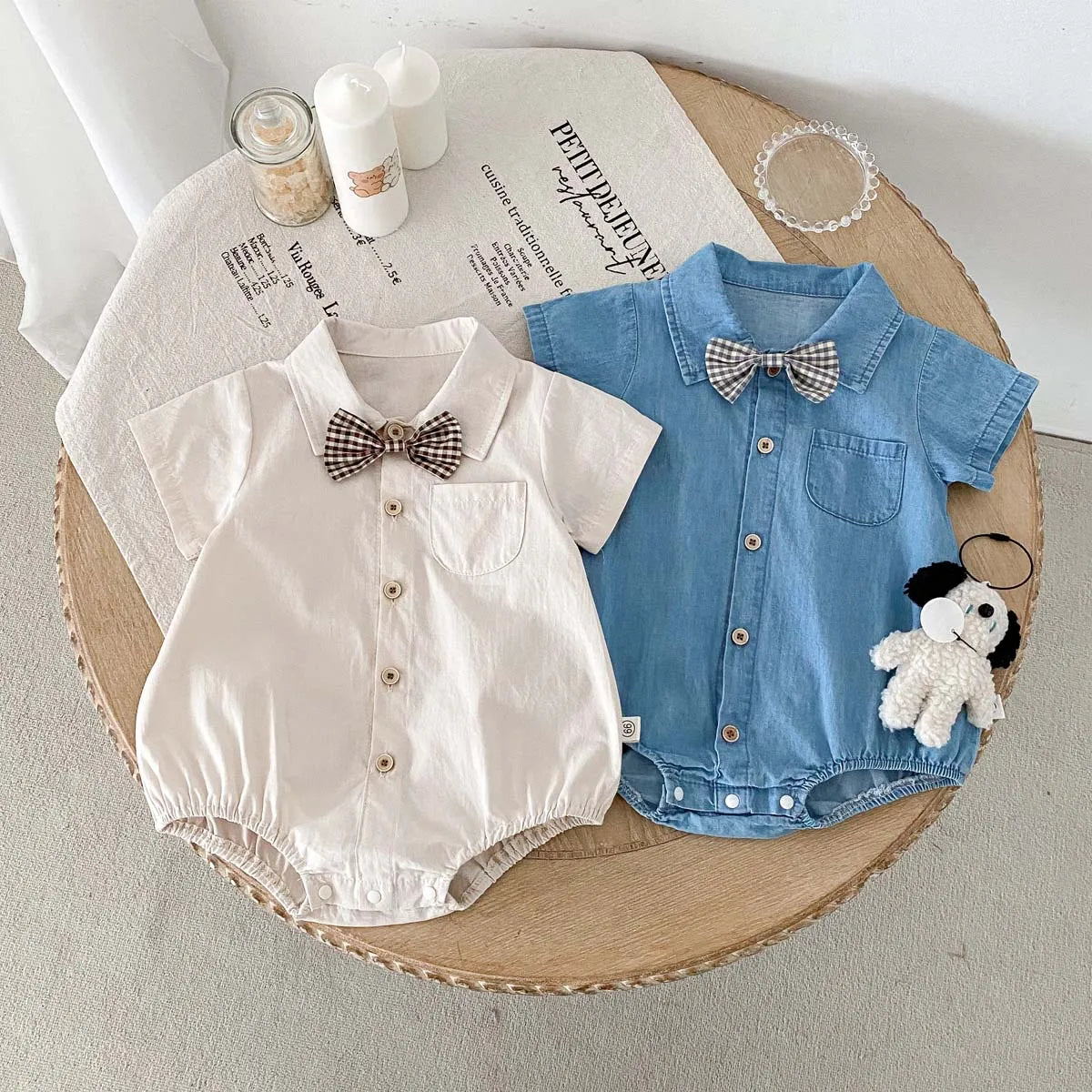 Baby Boy Korean Style Cotton Romper - Short Sleeve Lapel Shirt Jumpsuit with Bow Tie (0-24 Months)