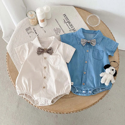 Baby Boy Korean Style Cotton Romper - Short Sleeve Lapel Shirt Jumpsuit with Bow Tie (0-24 Months)