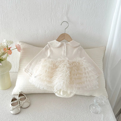 Baby Girl Princess Tulle Dress Bodysuit - Cream Peter Pan Collar Romper with Gold Crown (3-24M)