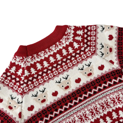 Baby & Toddler Christmas Reindeer Knit Sweater (Optional Matching Beanie) - Red & White Fair Isle Pullover (3M-4T)