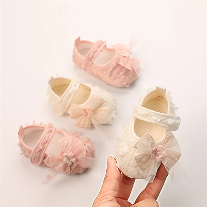 Baby Girl Princess Floral First Walker Shoes - Soft Sole Infant Crib Flats with Bow & Petal Detail, (3-12M)