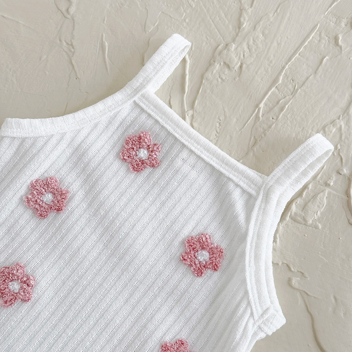 Baby Girl Flower Towel Embroidery Romper - Summer Ribbed Viscose Bodysuit Jumpsuit (1-18M)