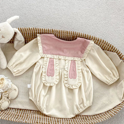 Baby Girl Bunny Ear Easter Bodysuit - Long Sleeve Cotton Jumpsuit (3-24M)