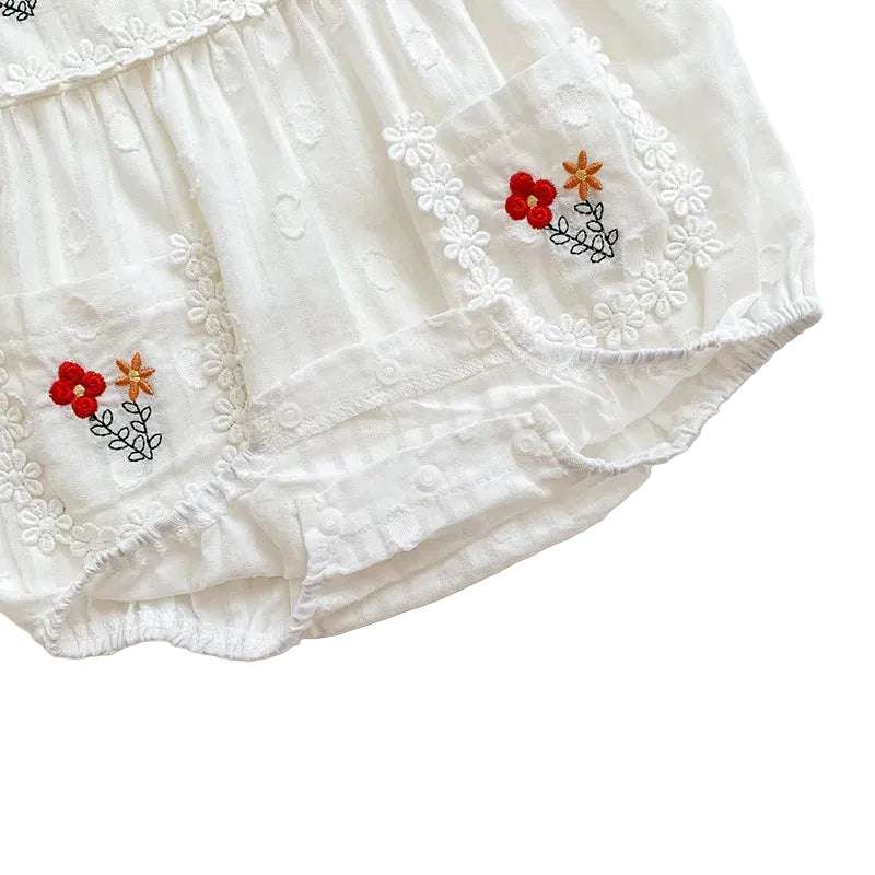 Embroidered Floral Flutter Sleeve Baby Romper – White Eyelet Cotton One-Piece (3M-24M)