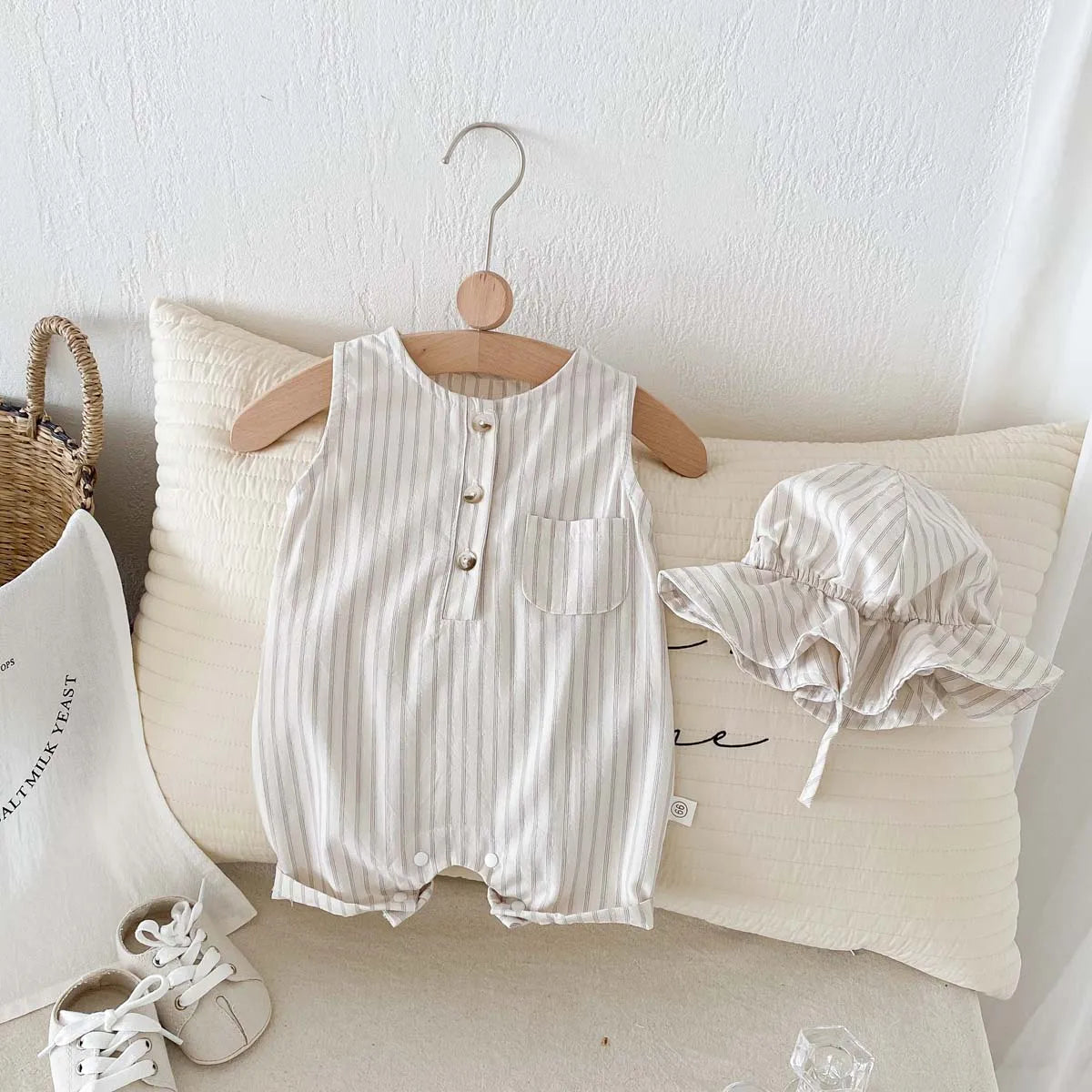 Neutral Ticking-Stripe Sleeveless Baby Romper with Matching Sun Hat - 100% Cotton (0-24M)
