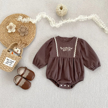 Toddler & Girls Brown Floral Embroidered Cotton Long Sleeve Dress (2T-6T)