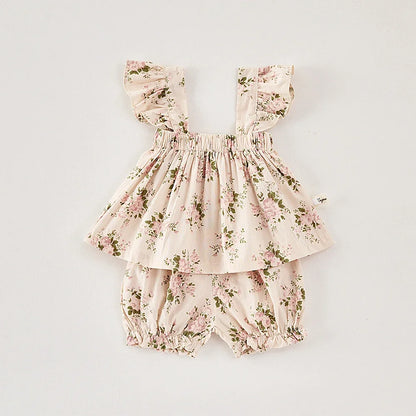 Baby & Toddler Girls Floral Cotton Outfit - Ruffled Top & Shorts Set - (3M- 3T)