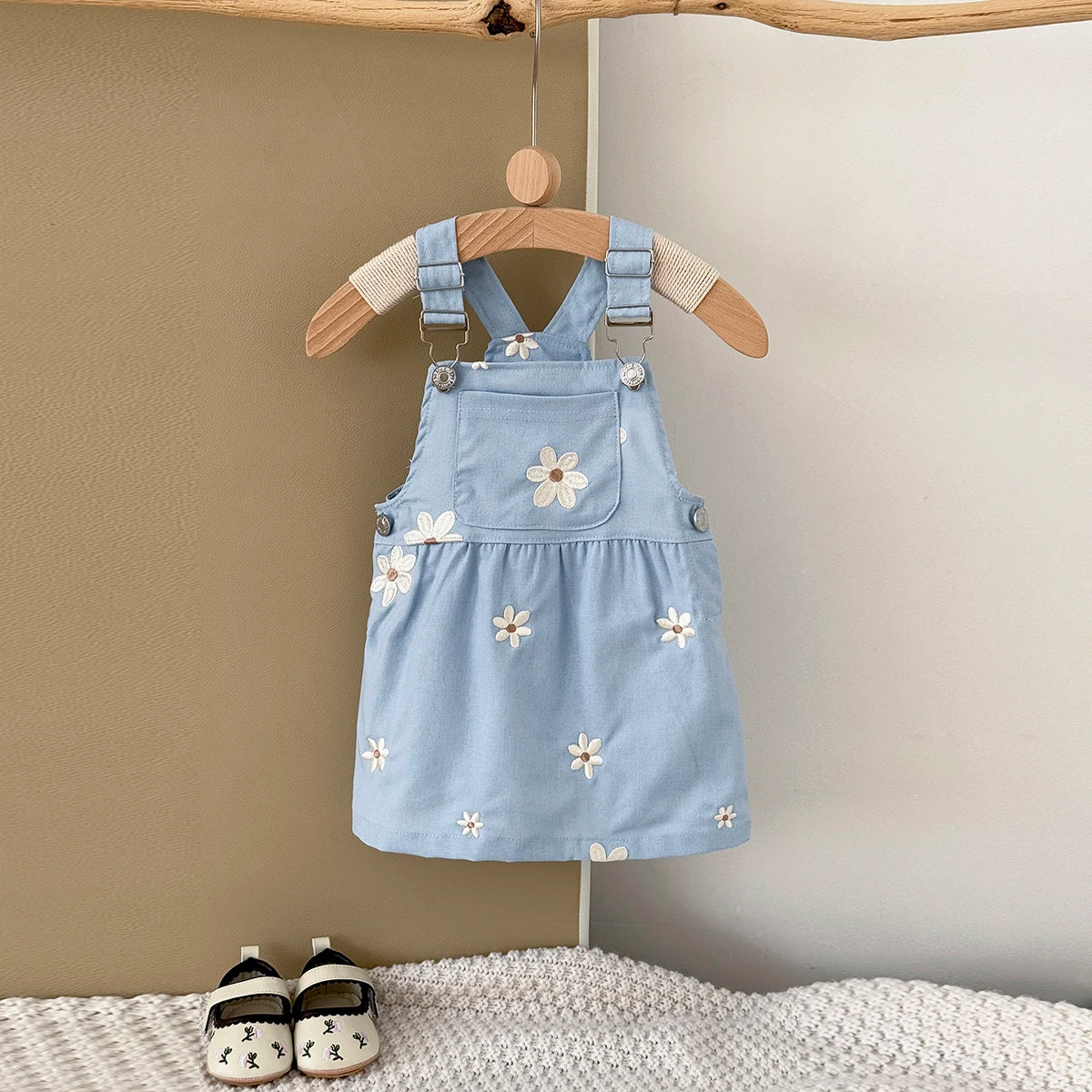 Baby Girl Daisy Embroidered Overall Dress | Toddler Blue Cotton Summer Jumper (6M-3T)