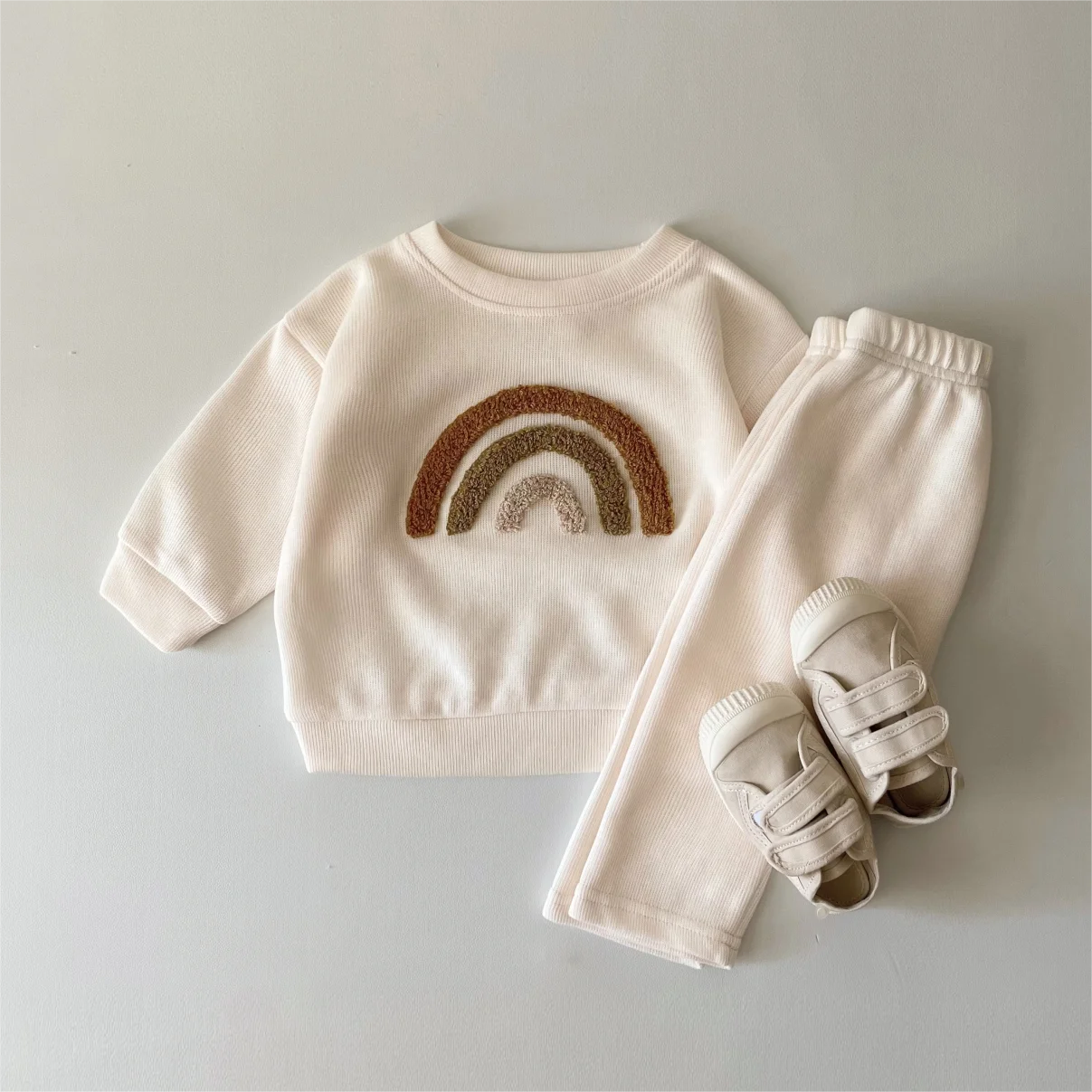 Unisex Baby 2-Piece Set - Textured Rainbow Sweatshirt & Pants - Combed Cotton Knit Outfit (6M-3T)