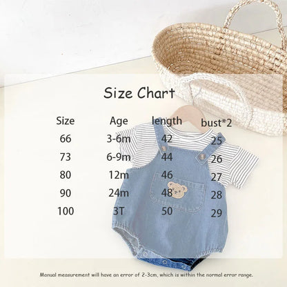 Unisex Baby Striped T-Shirt and Denim Bear Romper Set - 2pc Summer Toddler Outfit (3M-3T)