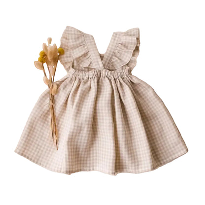 Toddler Girl Linen Cotton Ruffle Apron Dress - Boho Summer Cross-Back Sun Dress (6M-5T)