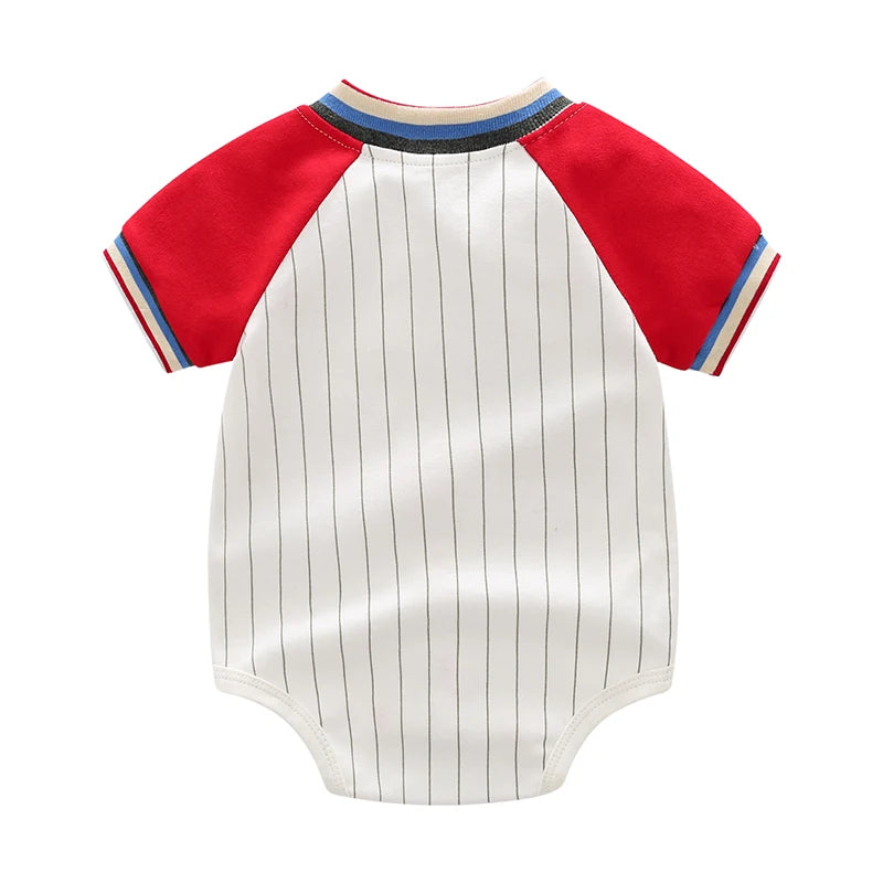 Mommy's All-Star Baseball Romper | Pinstripe Cotton Jersey - Red/White (0-18M)