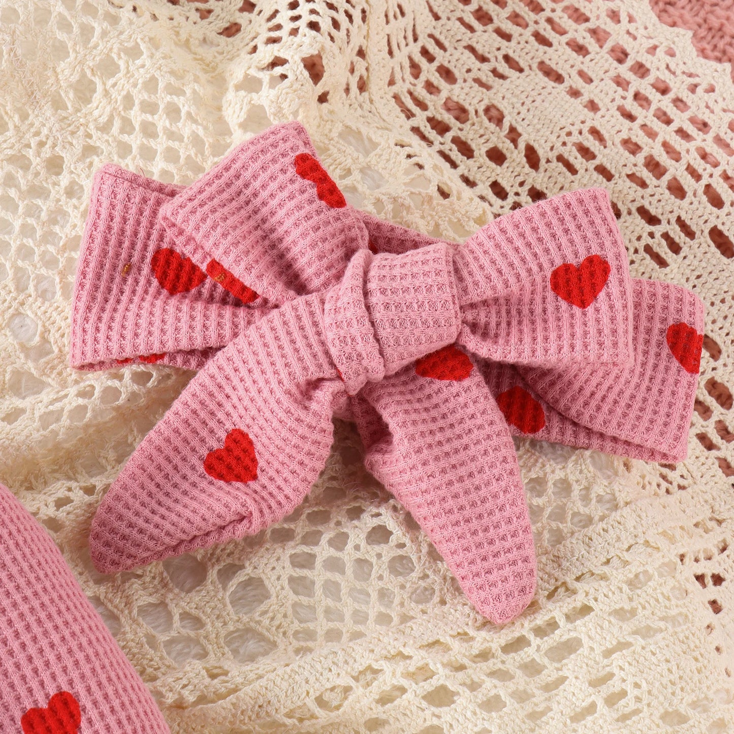 Baby Girl Heart Print Waffle Knit Footed Romper & Headband Set - Ruffled Zipper Sleeper