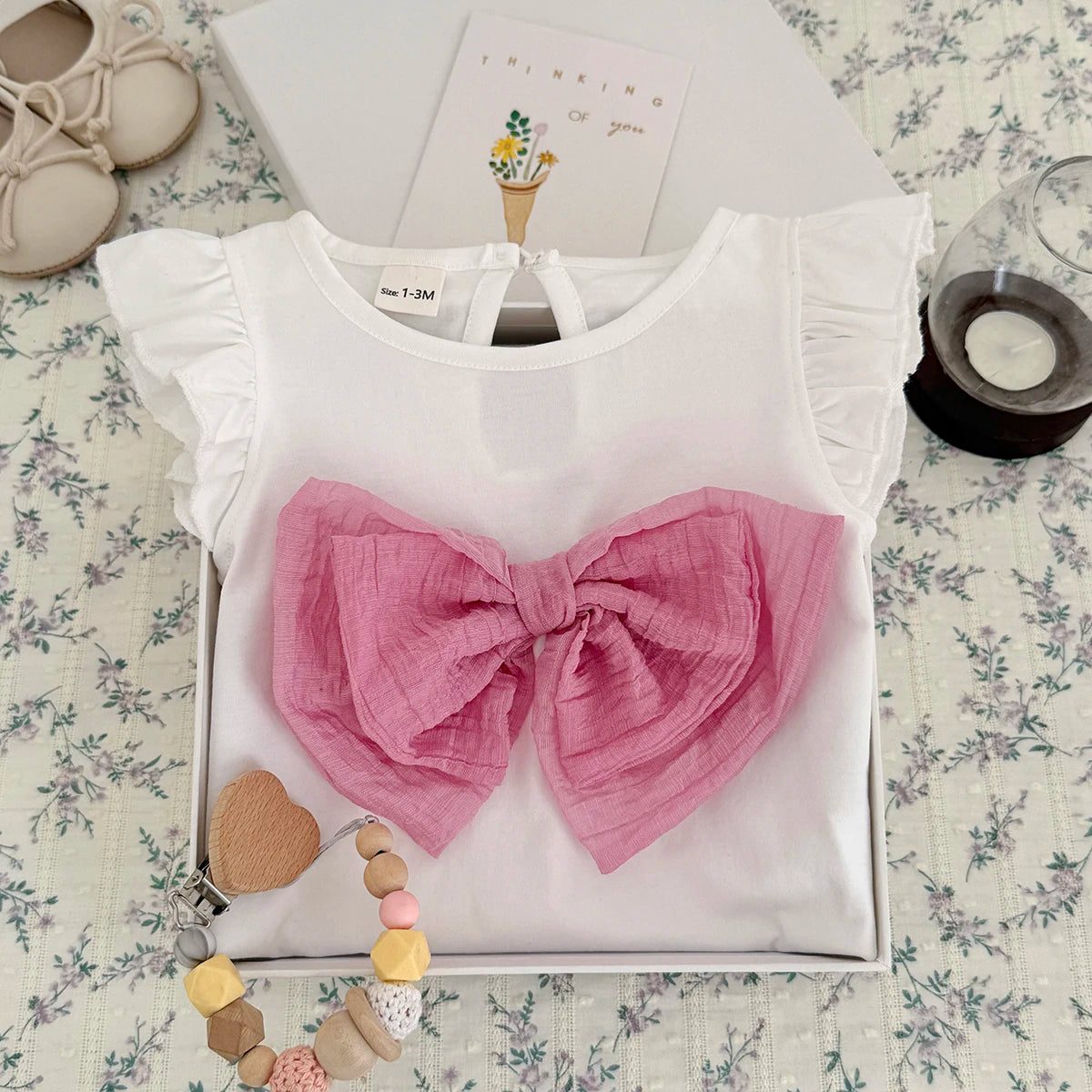 Baby Girl Ruffle Sleeve Knitted Bodysuit - Sweet Summer One-Piece Romper with Large Bow (1-18M)