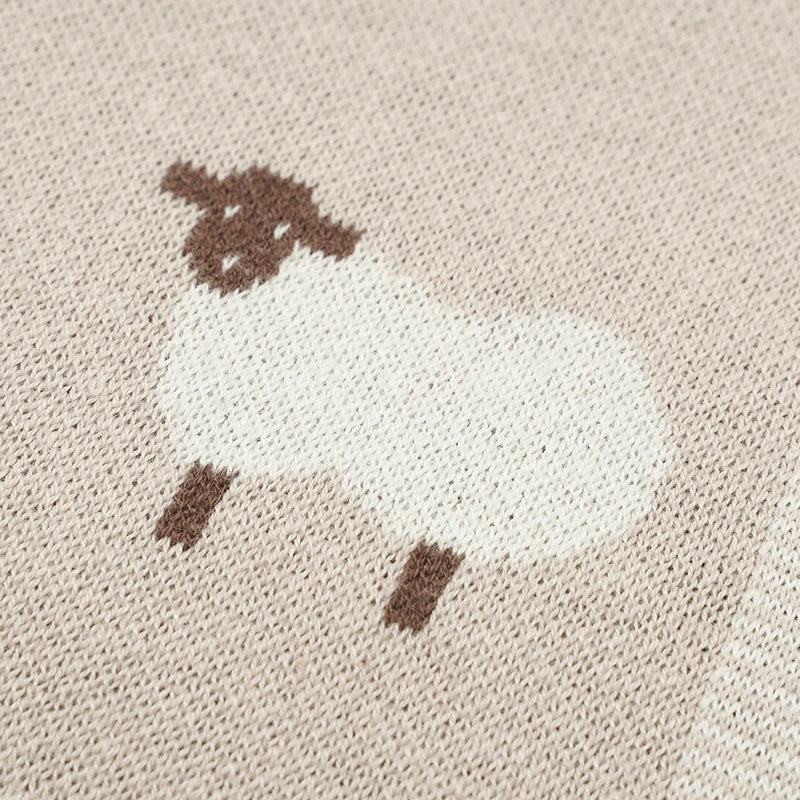 100% Cotton Knitted Baby Blanket – Soft Lamb & Sheep Pattern Newborn Swaddle, Breathable Stroller Wrap