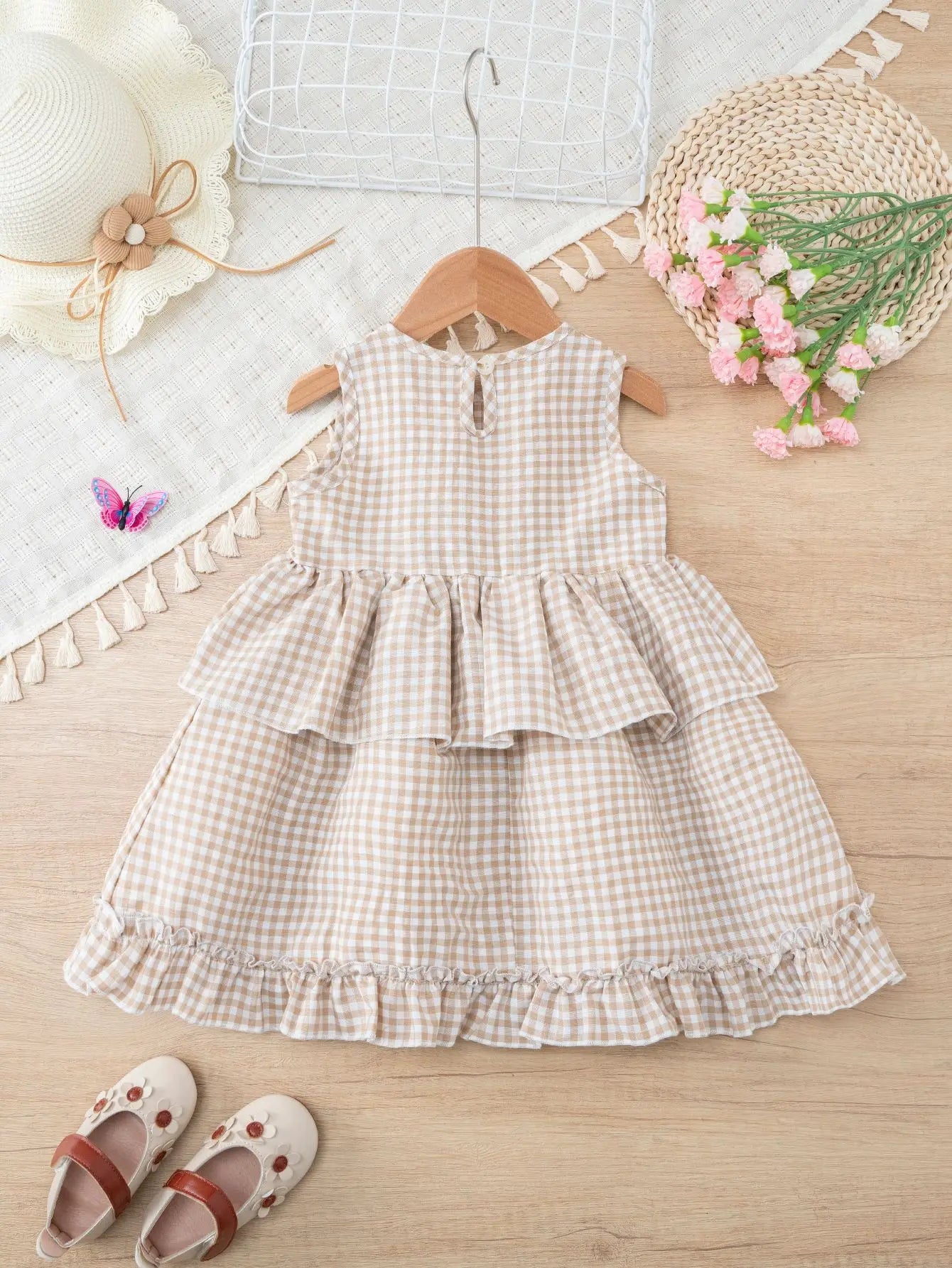 Toddler Girls Gingham Sleeveless Summer Dress – Pastoral Layered Ruffle Dress with Bows (2-7Y)