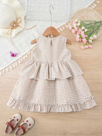 Toddler Girls Gingham Sleeveless Summer Dress – Pastoral Layered Ruffle Dress with Bows (2-7Y)