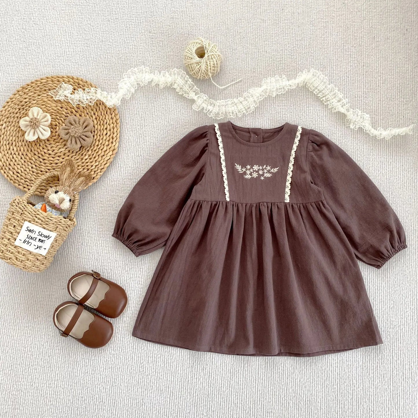 Toddler & Girls Brown Floral Embroidered Cotton Long Sleeve Dress (2T-6T)