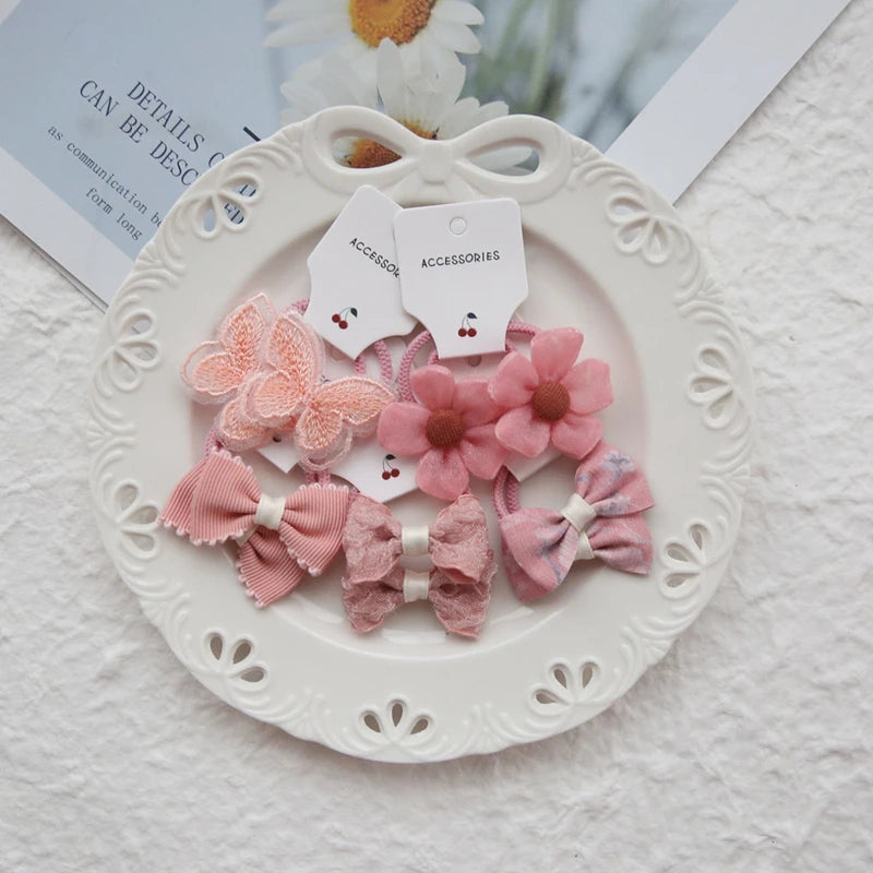 10Pcs Girls Flower & Butterfly Hair Ties - Cute Handmade Elastic Hairbands Set