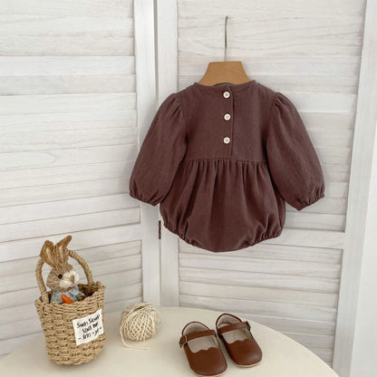Toddler & Girls Brown Floral Embroidered Cotton Long Sleeve Dress (2T-6T)