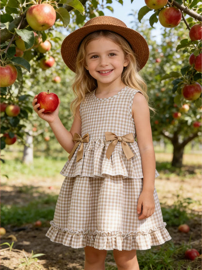 Toddler Girls Gingham Sleeveless Summer Dress – Pastoral Layered Ruffle Dress with Bows (2-7Y)
