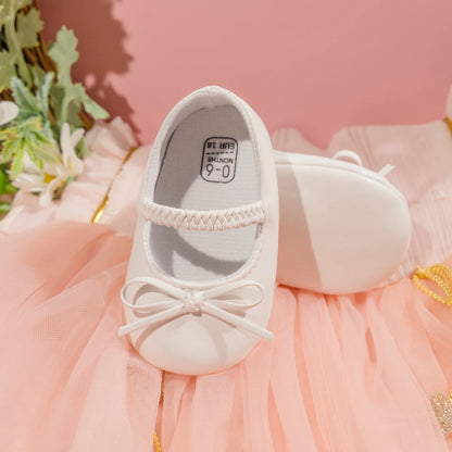 Baby Girl White Ballet Flats with Bow - Soft Sole Mary Jane First Walkers (0-18M)